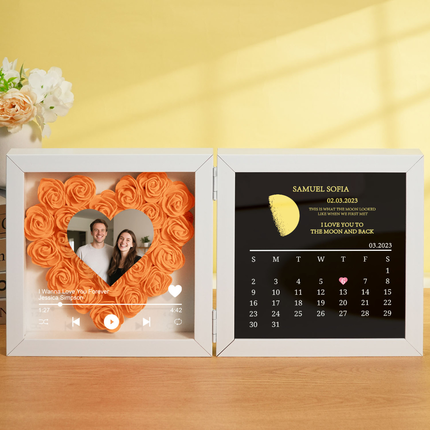 Custom Flowers Song Frame with Real Moon Phase Can Play Music Anniversary Calendar Gift for Her - CustWitUK
