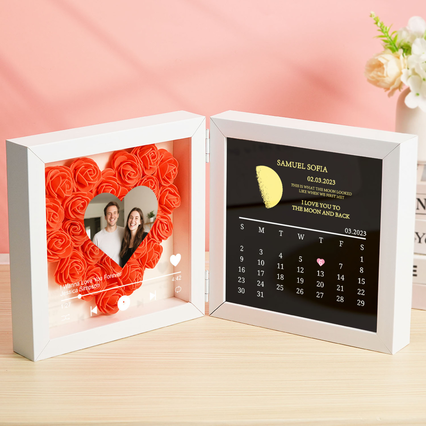 Custom Flowers Song Frame with Real Moon Phase Can Play Music Anniversary Calendar Gift for Her - CustWitUK