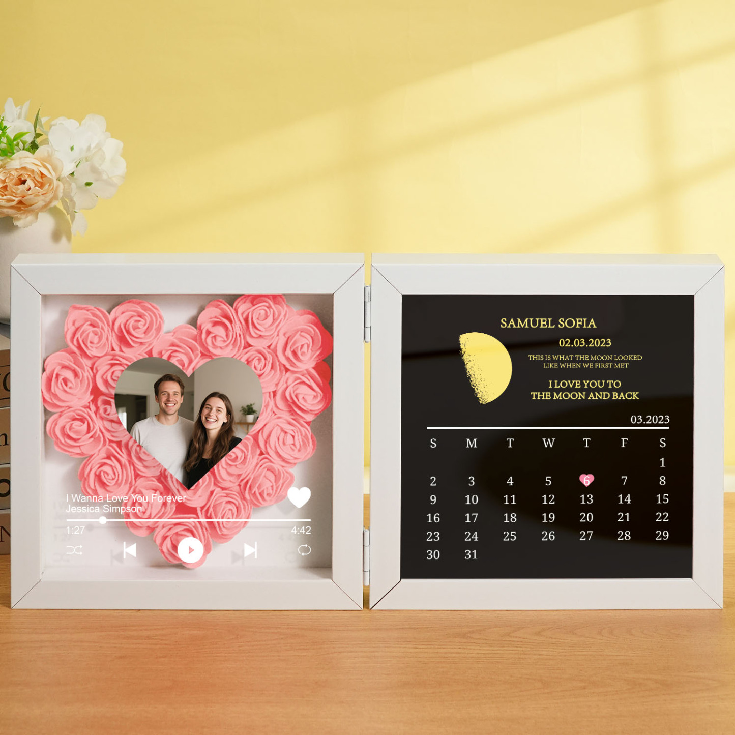 Custom Flowers Song Frame with Real Moon Phase Can Play Music Anniversary Calendar Gift for Her - CustWitUK