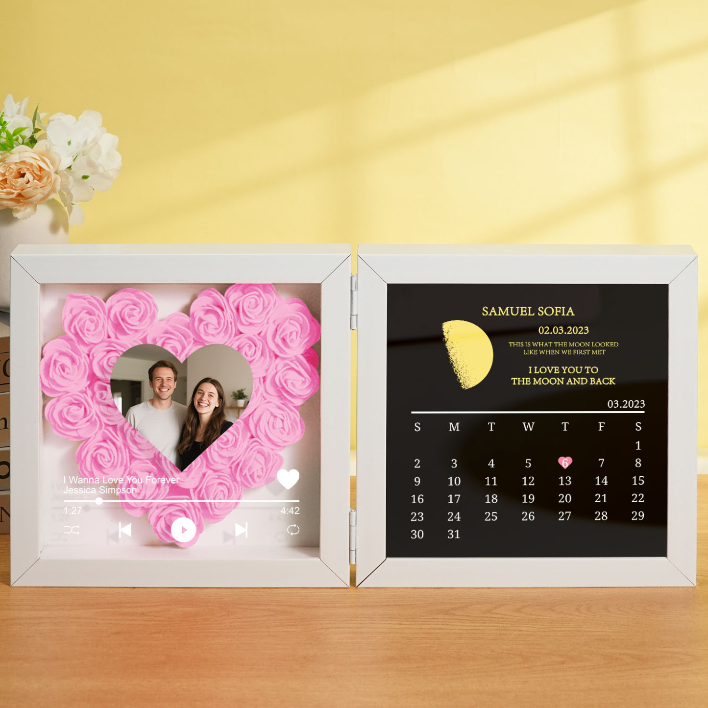 Custom Flowers Song Frame with Real Moon Phase Can Play Music Anniversary Calendar Gift for Her - CustWitUK