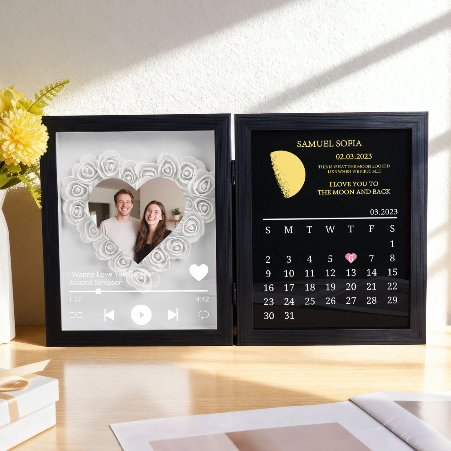 Custom Flowers Song Frame with Real Moon Phase Can Play Music Anniversary Calendar Gift for Her - CustWitUK