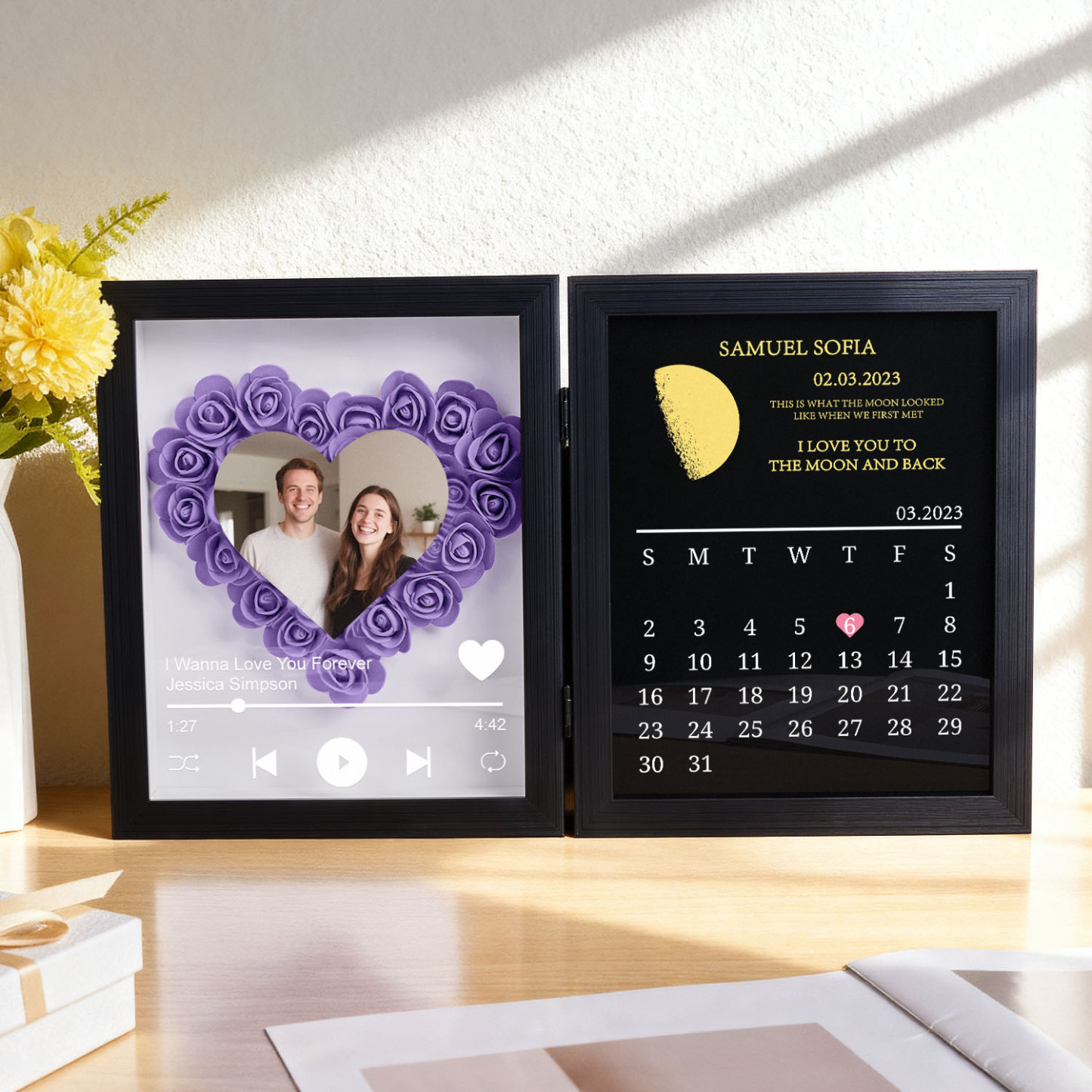 Custom Flowers Song Frame with Real Moon Phase Can Play Music Anniversary Calendar Gift for Her - CustWitUK