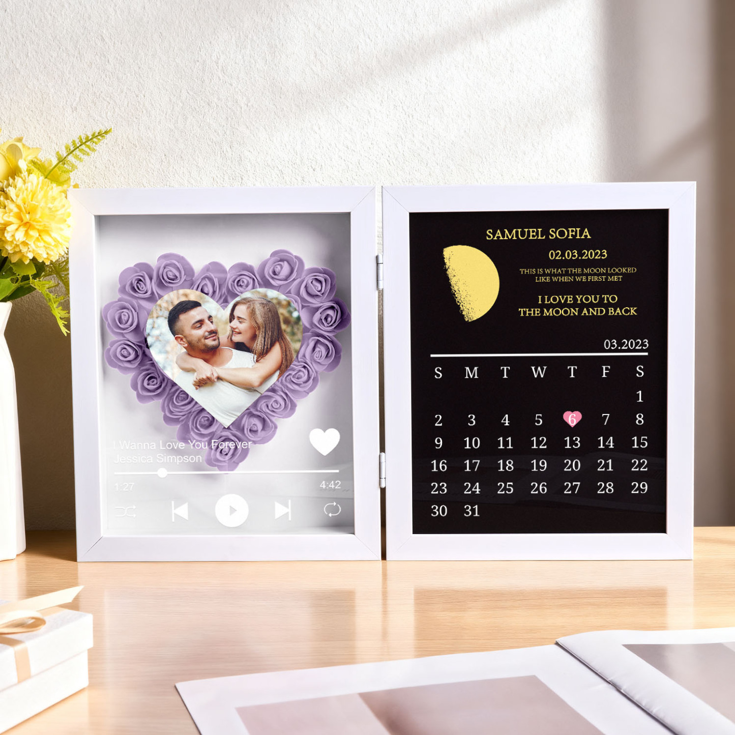 Custom Flowers Song Frame with Real Moon Phase Can Play Music Anniversary Calendar Gift for Her - CustWitUK