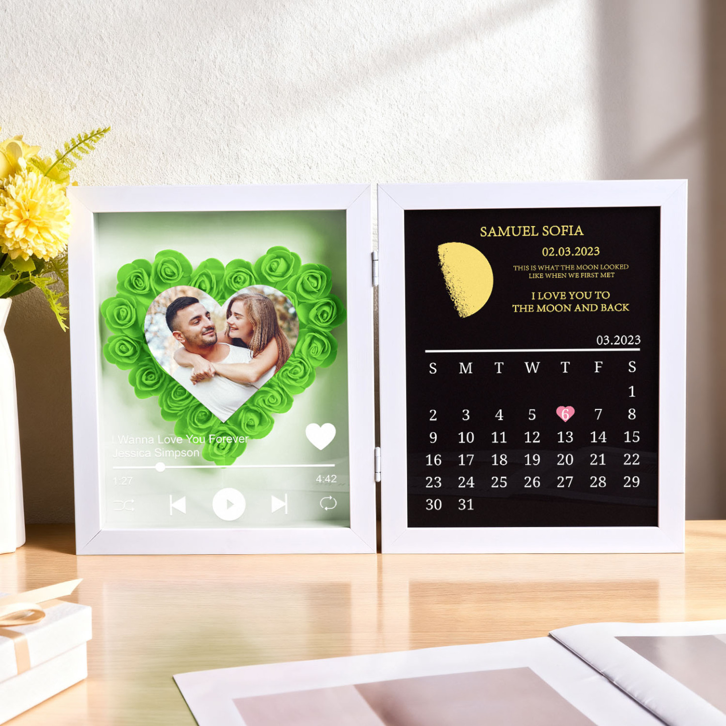 Custom Flowers Song Frame with Real Moon Phase Can Play Music Anniversary Calendar Gift for Her - CustWitUK