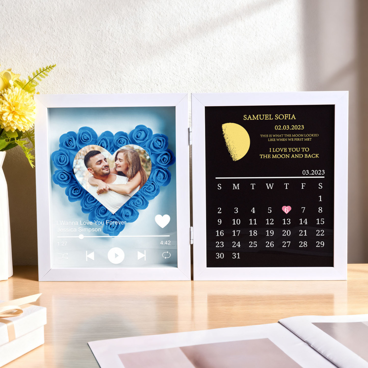 Custom Flowers Song Frame with Real Moon Phase Can Play Music Anniversary Calendar Gift for Her - CustWitUK