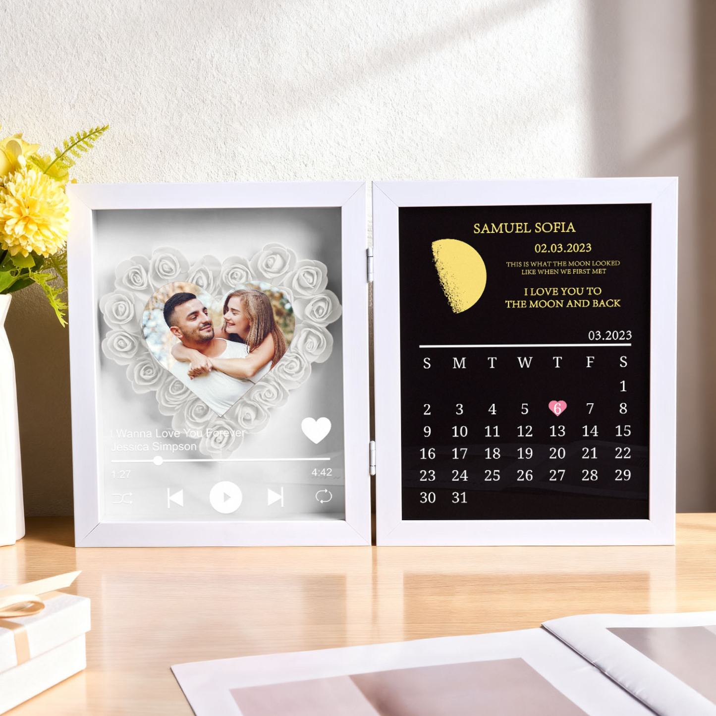 Custom Flowers Song Frame with Real Moon Phase Can Play Music Anniversary Calendar Gift for Her - CustWitUK