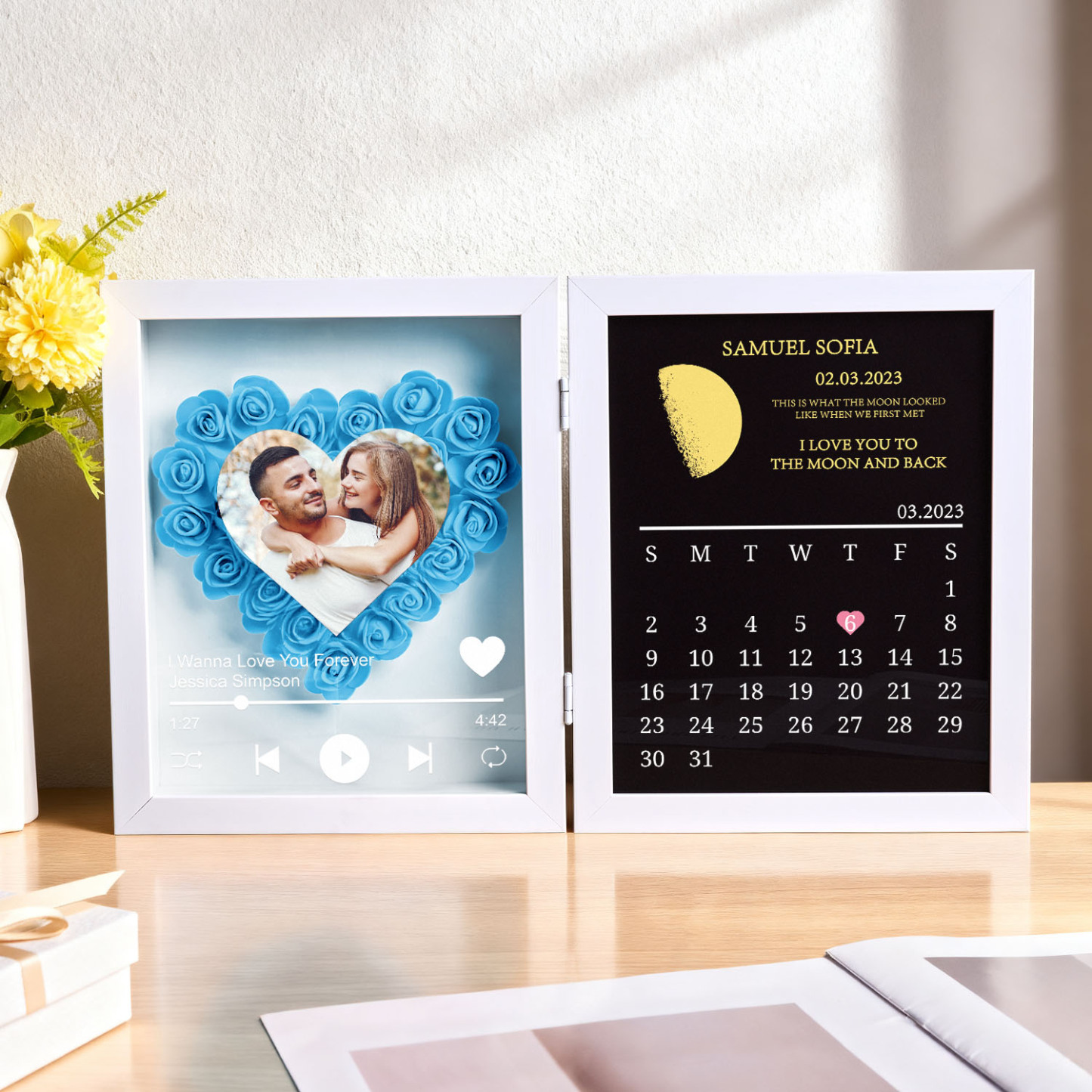 Custom Flowers Song Frame with Real Moon Phase Can Play Music Anniversary Calendar Gift for Her - CustWitUK