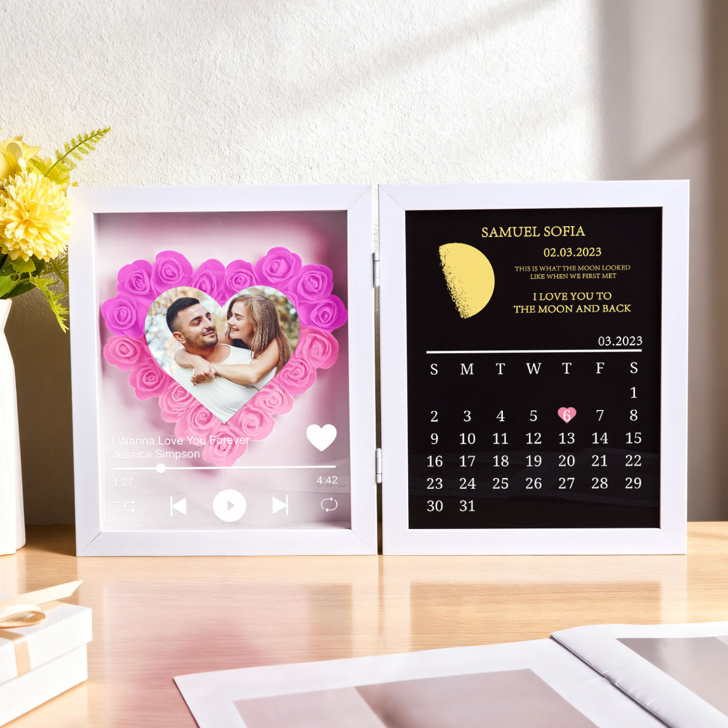 Custom Flowers Song Frame with Real Moon Phase Can Play Music Anniversary Calendar Gift for Her - CustWitUK