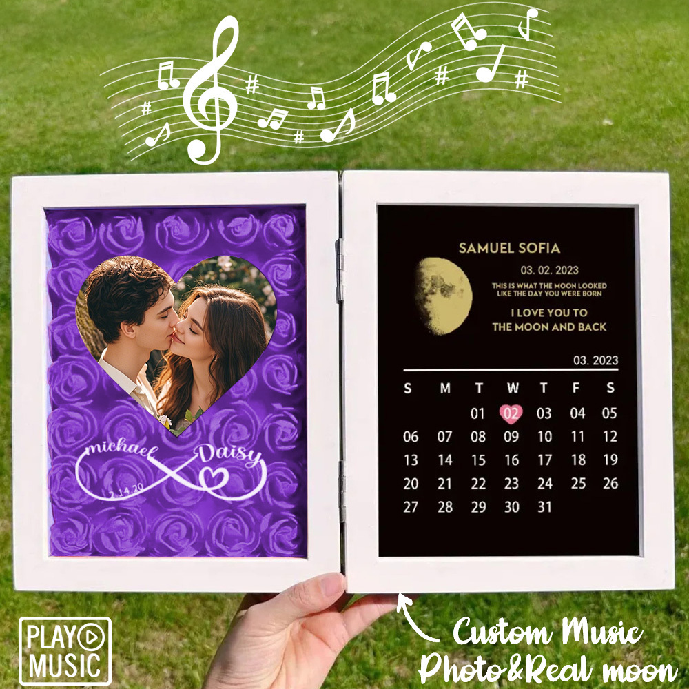 Custom Rose Flowers Frame with REAL MOON PHASE Can Play Music Anniversary Calendar Gift for Her - CustWitUK