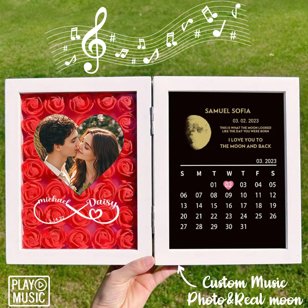 Custom Rose Flowers Frame with REAL MOON PHASE Can Play Music Anniversary Calendar Gift for Her - CustWitUK