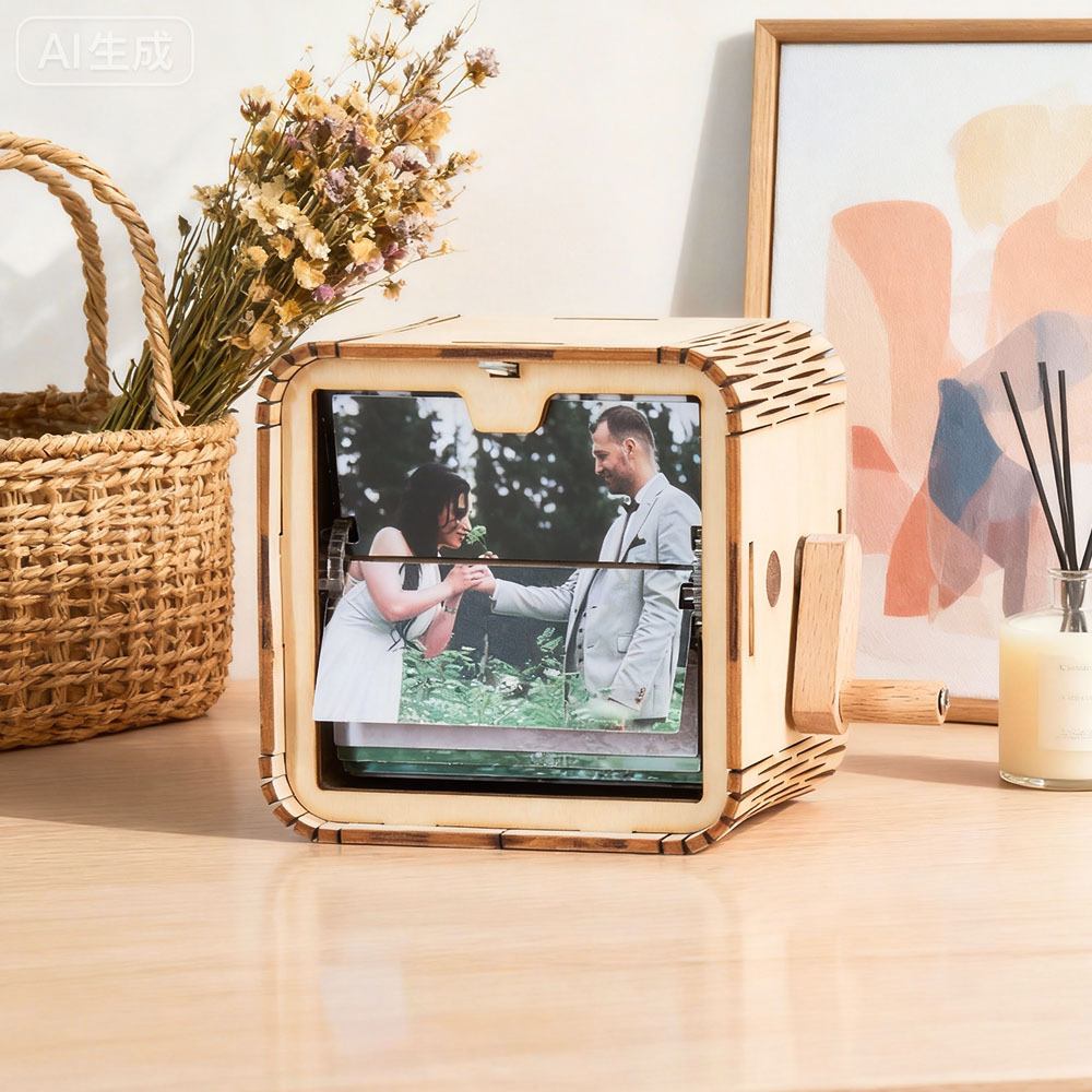Custom 16 Photos Music Flipbook Frame Wood Color Animation Machine Mechanical Hand-cranked Photo Album with Light - CustWitUK