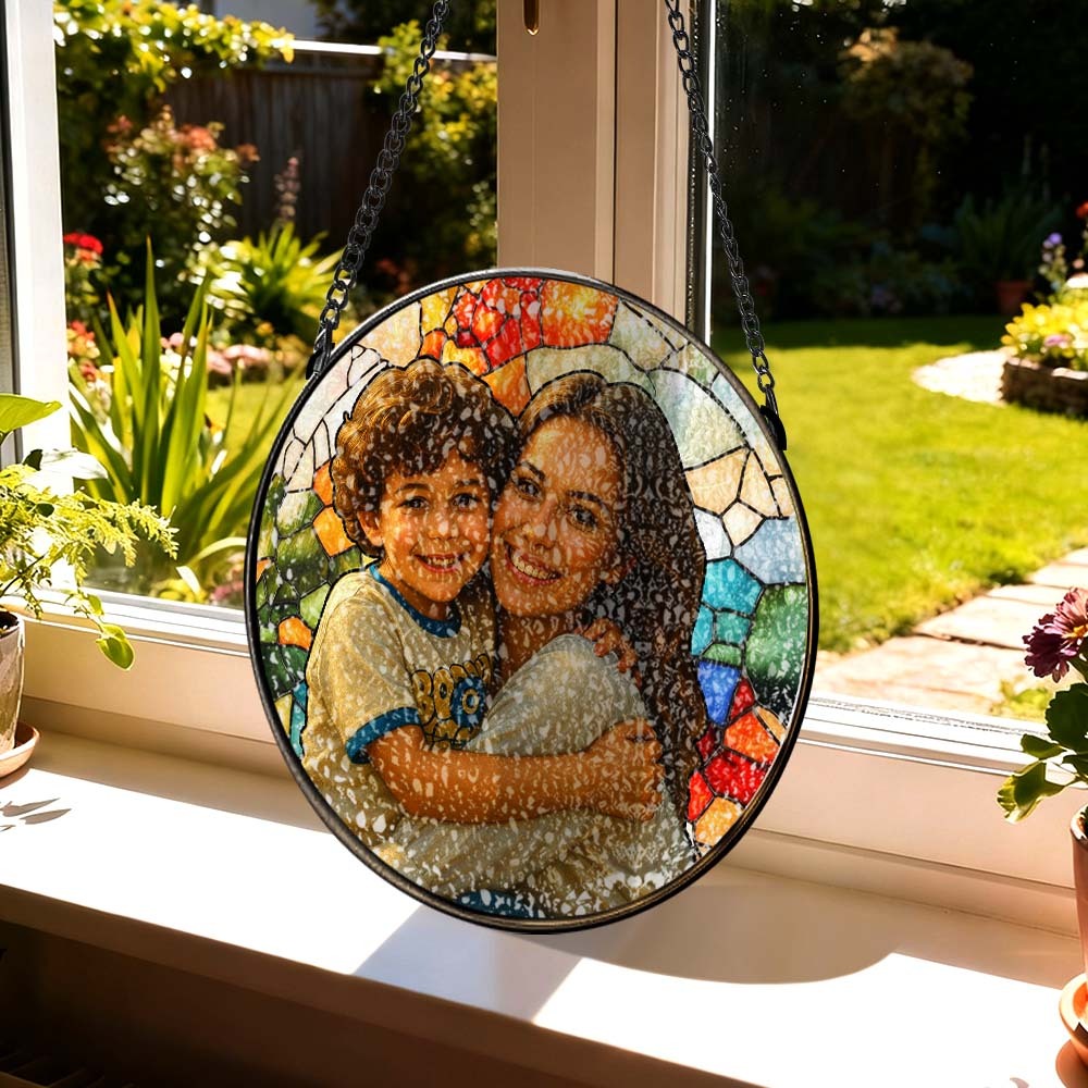 Custom Photo Hanging Suncatcher Personalized Family Portrait Stained Glass Suncatcher Gift For Family - CustWitUK