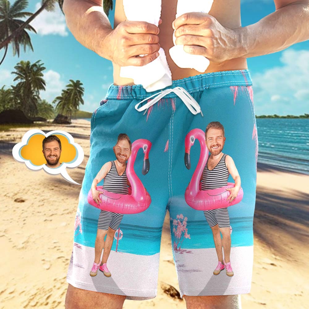 Custom Funny Face Flamingo Beach Shorts Flamingo Swim Ring Swim Trunks For Men