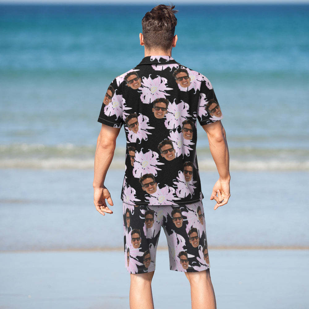 Custom Face Hawaiian Shirt or Beach Shorts Matching Outfits Personalized Men's Photo Random Floral Print Hawaiian Attire Vacation Party Gift - CustWitUK