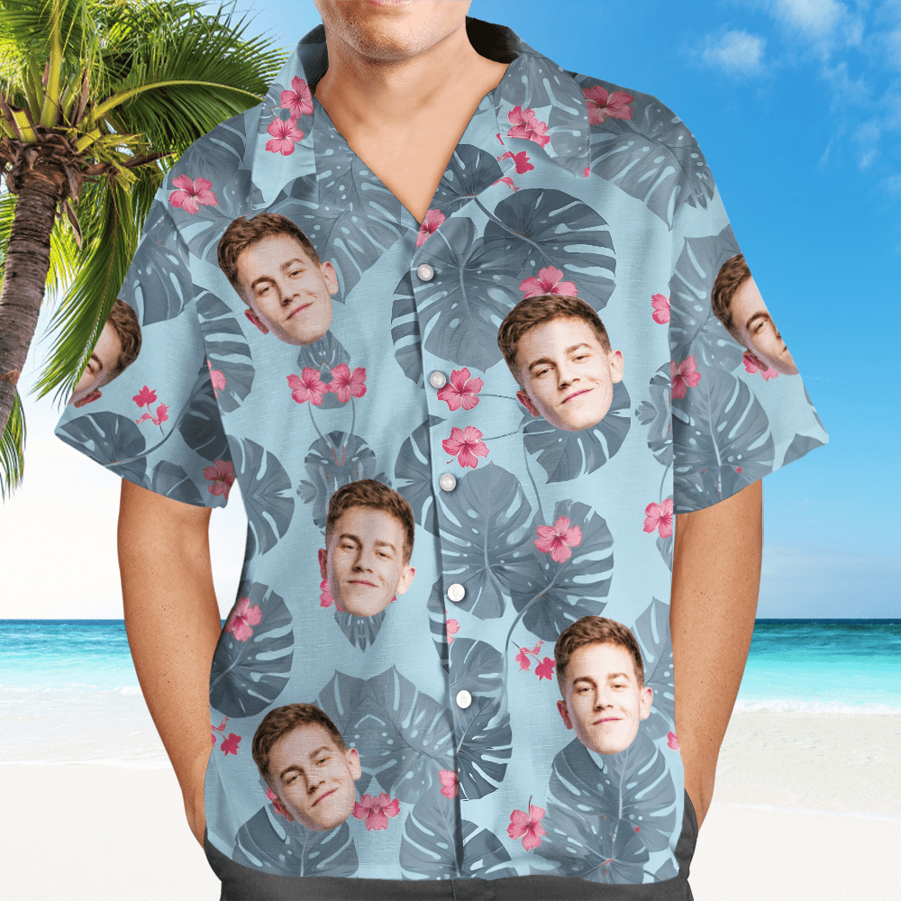Personalized Men's Face Hawaiian Shirts Vacation Party Gifts - Leaves - CustWitUK