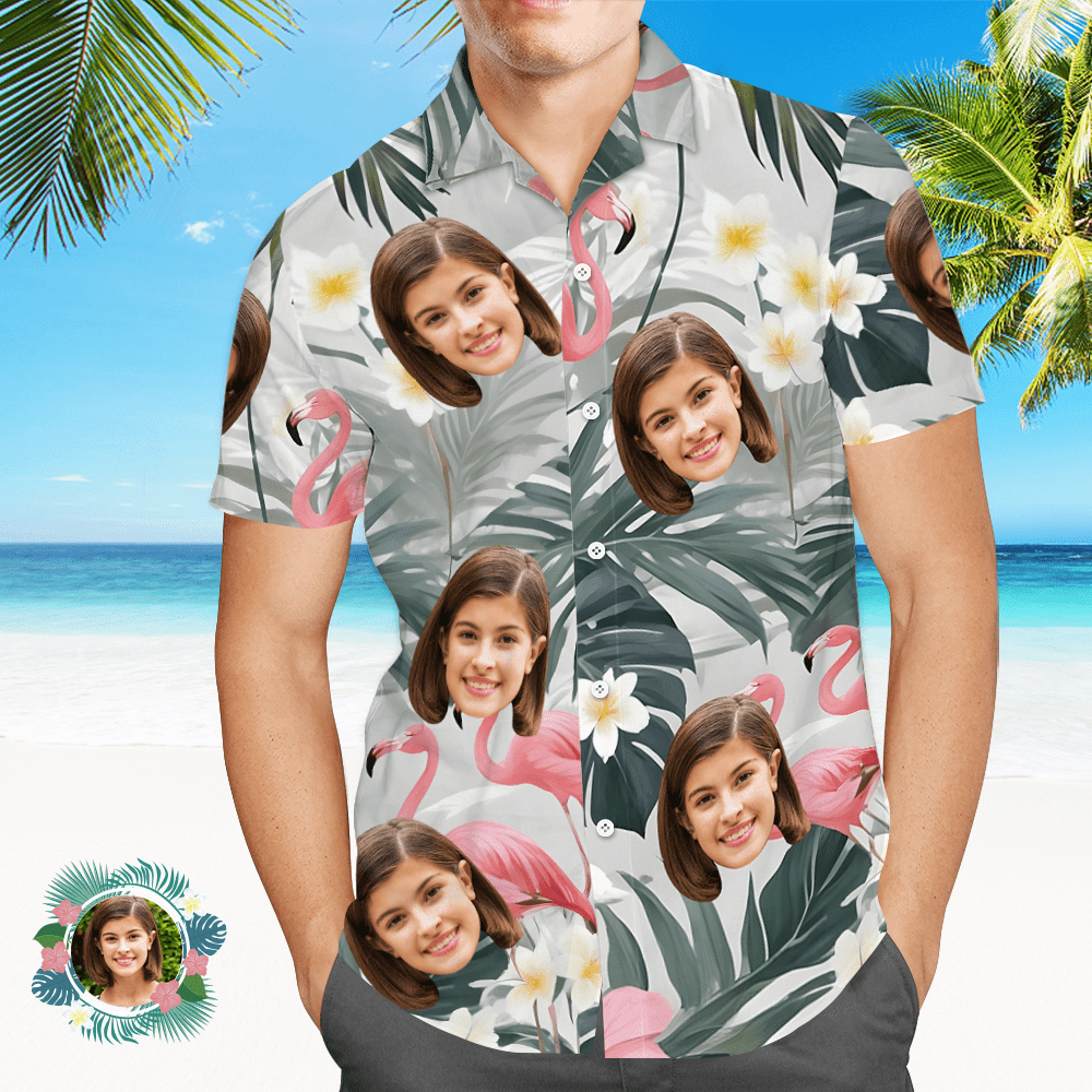 Custom Face All Over Print Men's Hawaiian Shirt Flamingo Pink Flowers and Leaves - CustWitUK