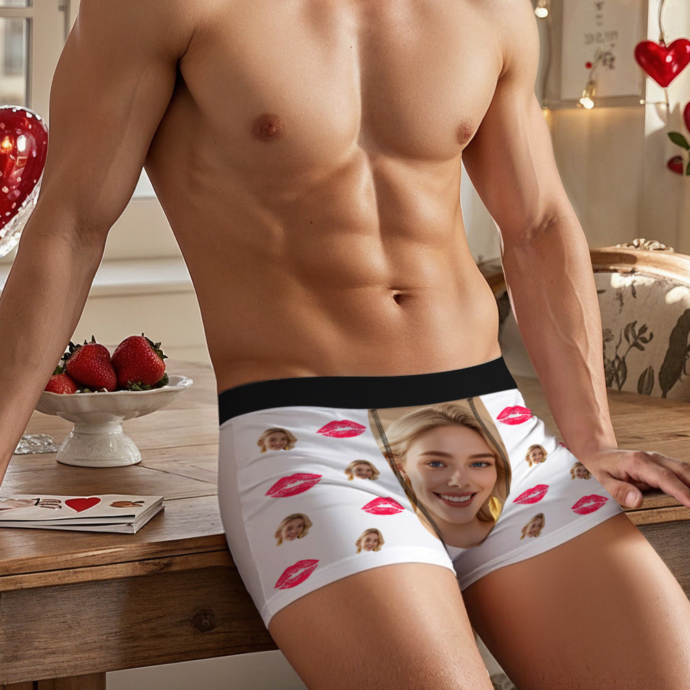 Custom Face Boxer Briefs with Kiss Lips Pattern – Personalized Underwear Funny Valentine’s Day Gift for Him