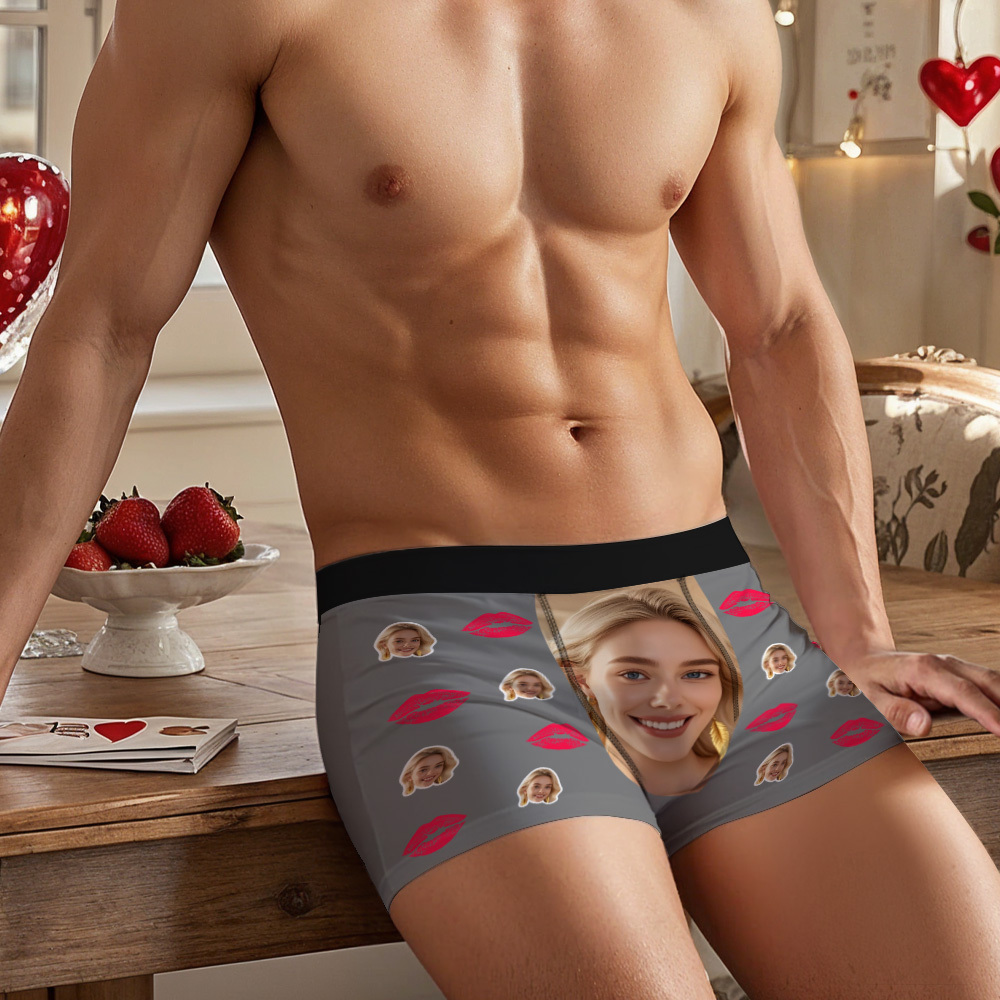 Custom Face Boxer Briefs with Kiss Lips Pattern – Personalized Underwear Funny Valentine’s Day Gift for Him