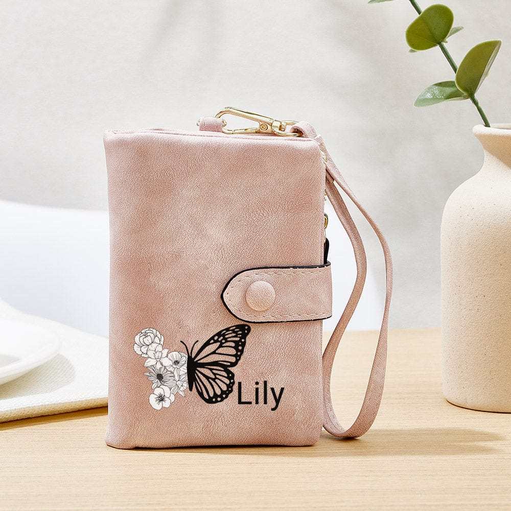 Custom Tri-Fold Butterfly Birth Flower Leather Wallet with Coin Holder Personalized Mother's Day Gift for Woman - CustWitUK