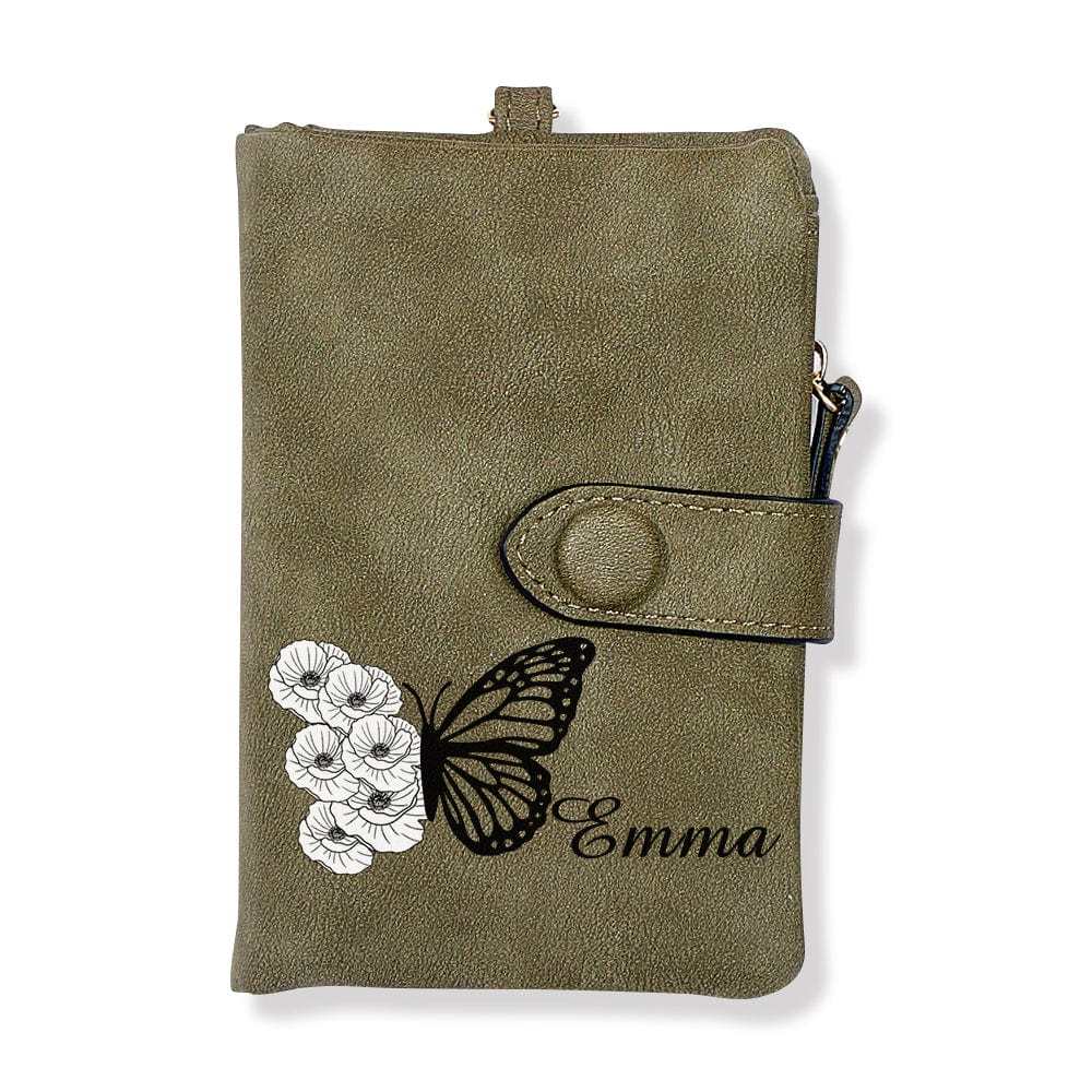 Custom Tri-Fold Butterfly Birth Flower Leather Wallet with Coin Holder Personalized Mother's Day Gift for Woman - CustWitUK