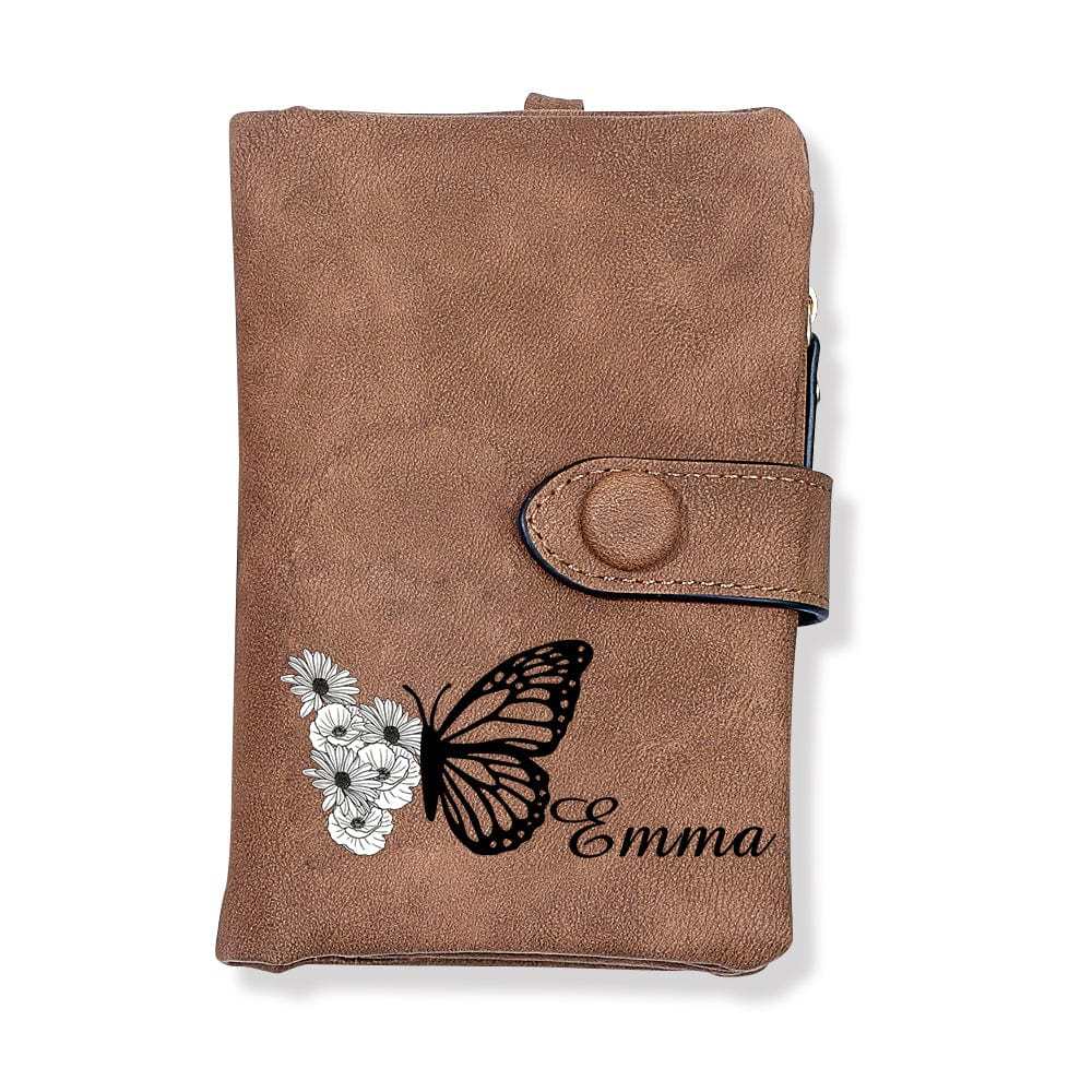 Custom Tri-Fold Butterfly Birth Flower Leather Wallet with Coin Holder Personalized Mother's Day Gift for Woman - CustWitUK