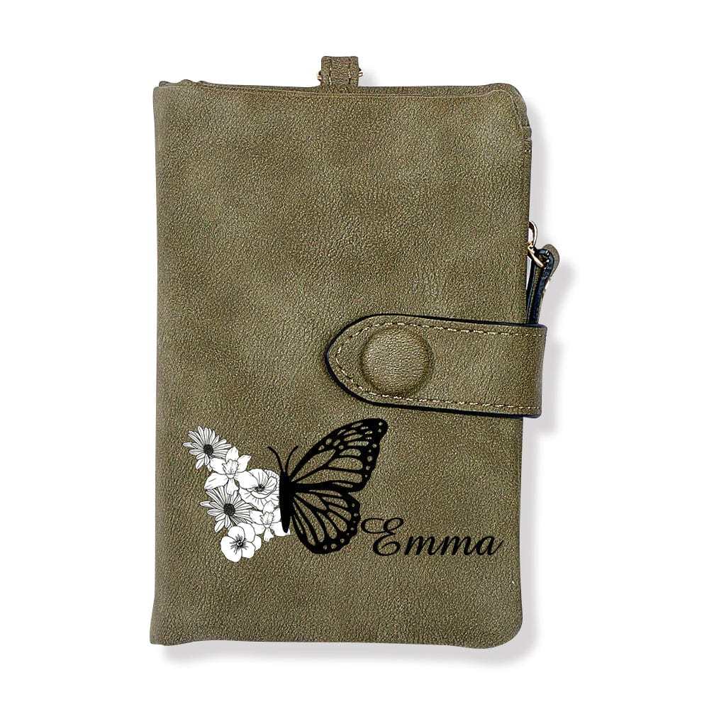 Custom Tri-Fold Butterfly Birth Flower Leather Wallet with Coin Holder Personalized Mother's Day Gift for Woman - CustWitUK