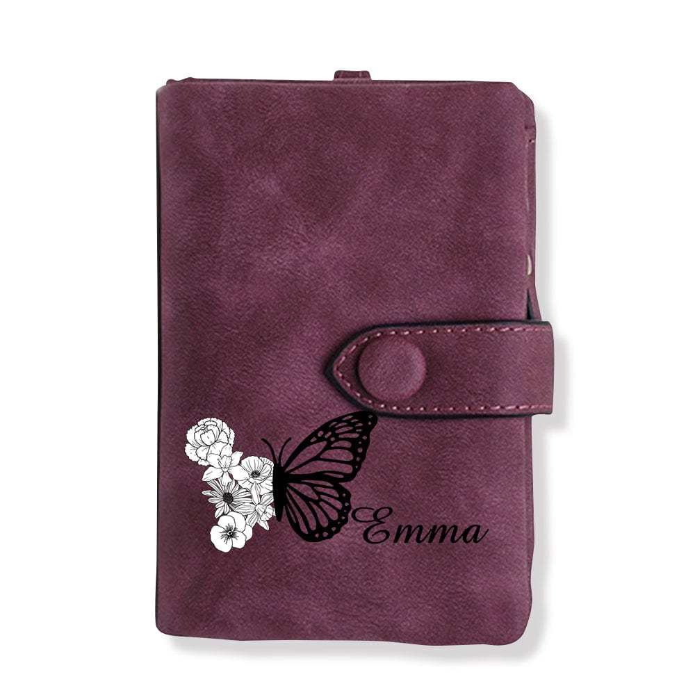 Custom Tri-Fold Butterfly Birth Flower Leather Wallet with Coin Holder Personalized Mother's Day Gift for Woman - CustWitUK