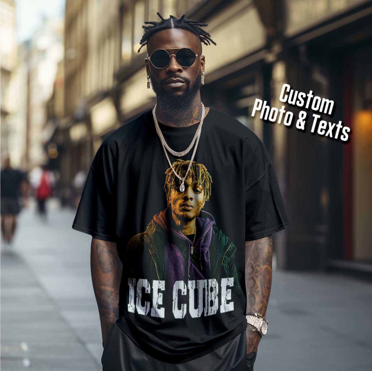 Custom Photo Vintage T-shirt Personalized Portrait Fashion Rap Tee with Name - CustWitUK