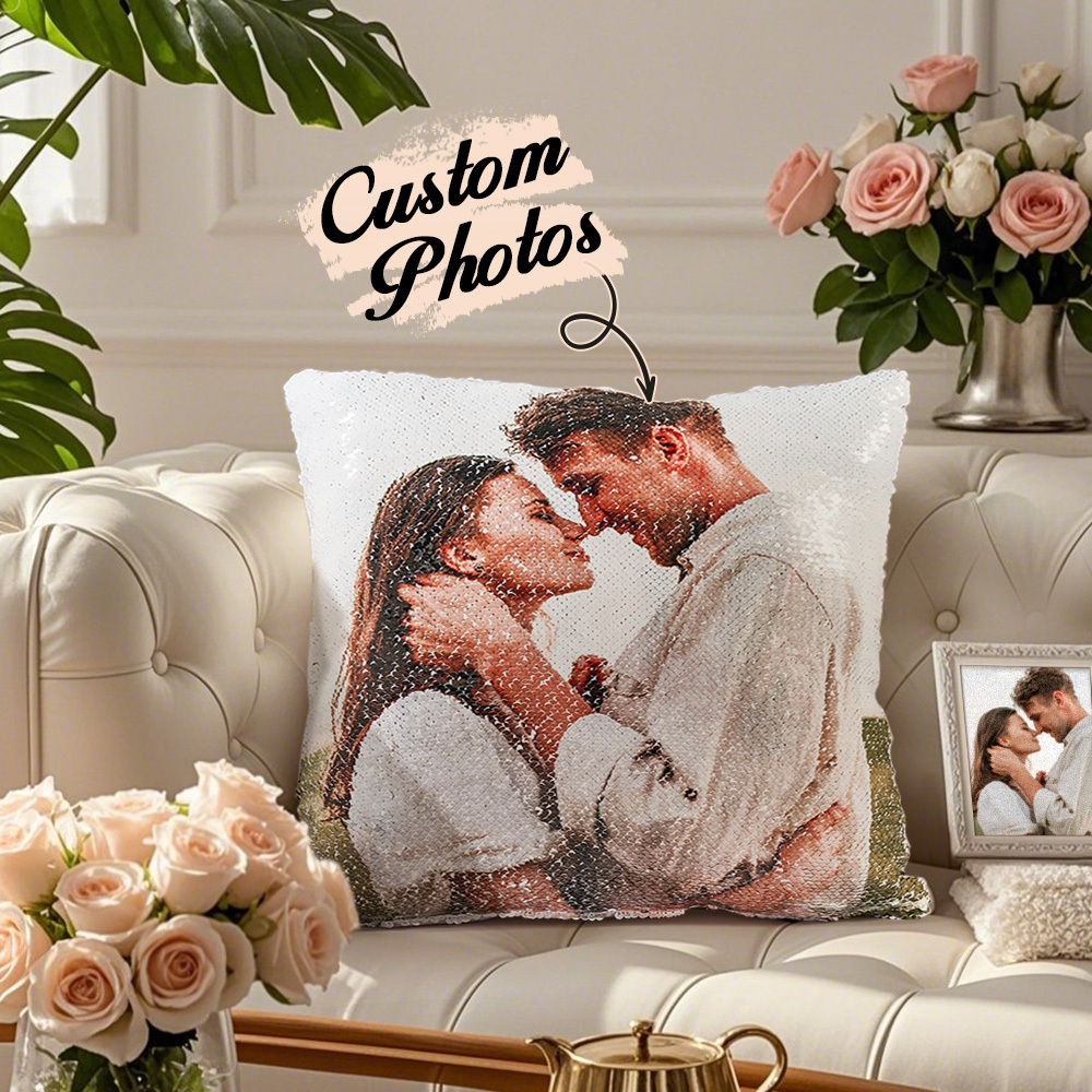 Custom Two Photos Sequin Pillow Switch From One Photo to Another Photo Magic Pillow
