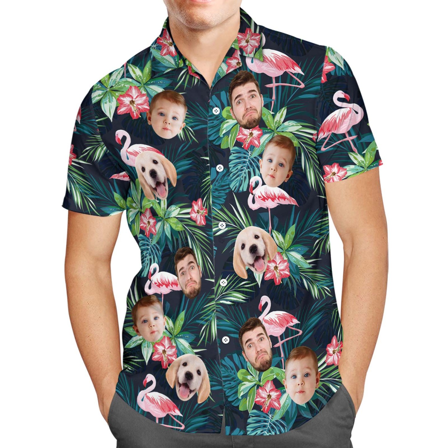 Custom Face Hawaiian Shirt Personalized Men's Photo Flamingo Flower Vacation Party Gifts - Up to 3 Faces - CustWitUK