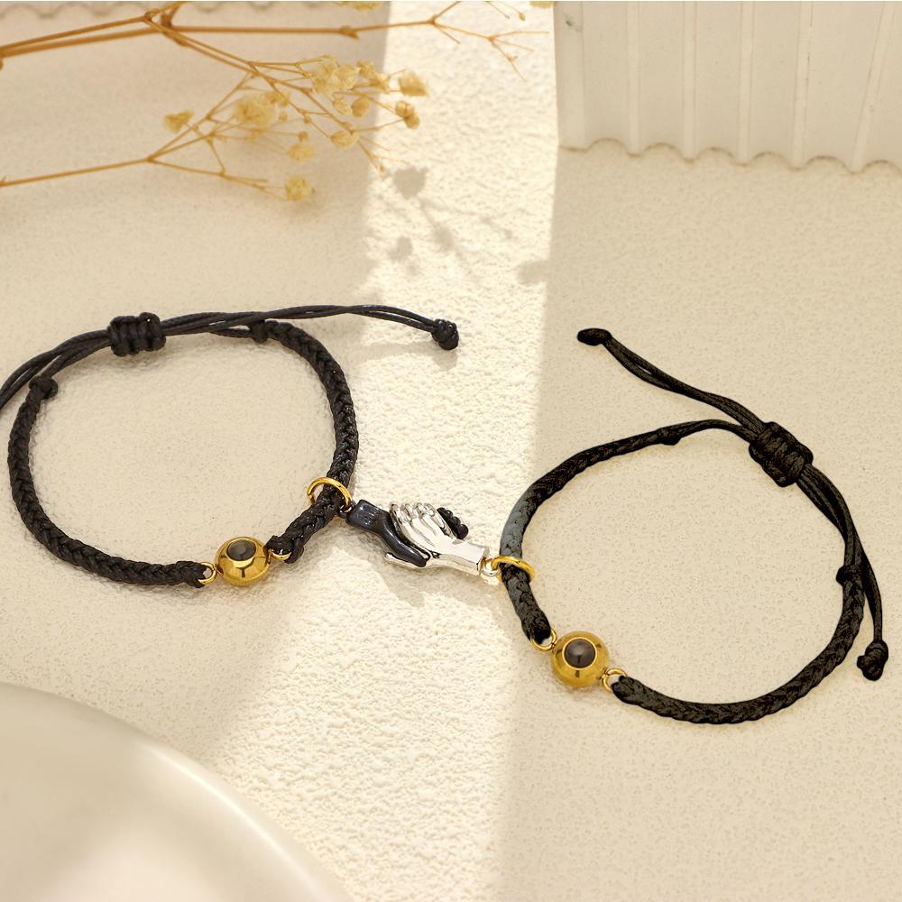 Custom Engraved Bracelet Magnetic Shake Hands Couple Gift - CustWitUK