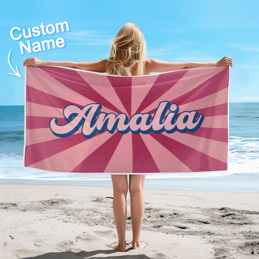 Custom Beach Towel with Name Burst Style Stripe Pattern Outside Vacation Gift - CustWitUK