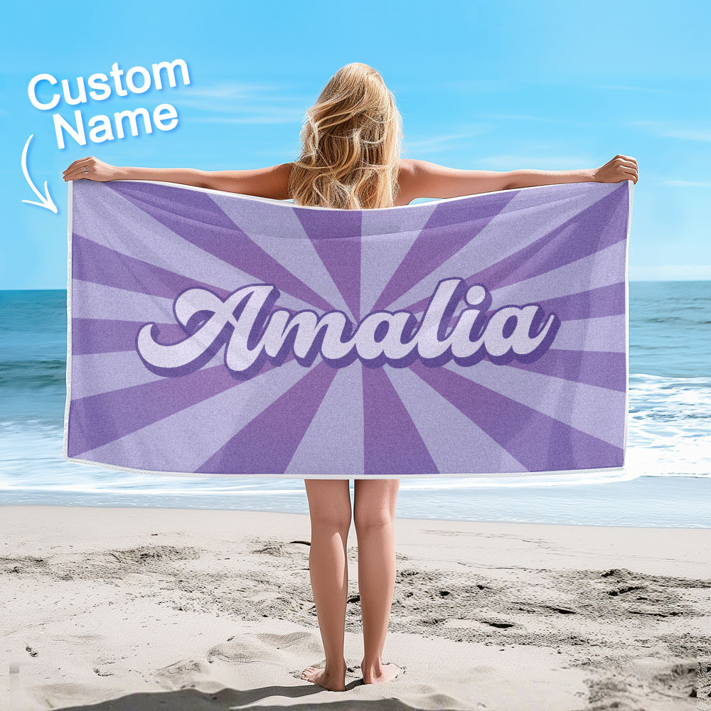 Custom Beach Towel with Name Burst Style Stripe Pattern Outside Vacation Gift - CustWitUK