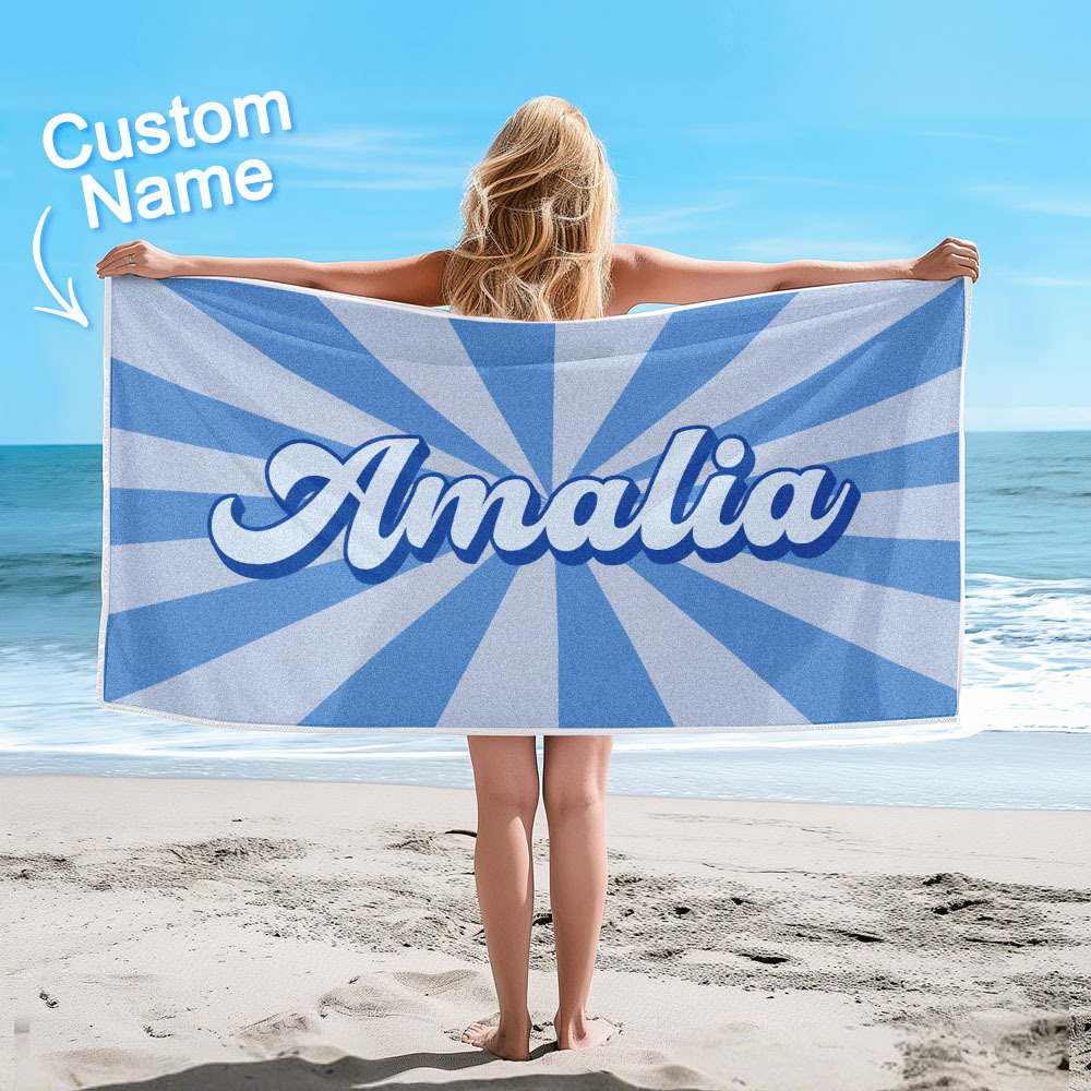 Custom Beach Towel with Name Burst Style Stripe Pattern Outside Vacation Gift - CustWitUK