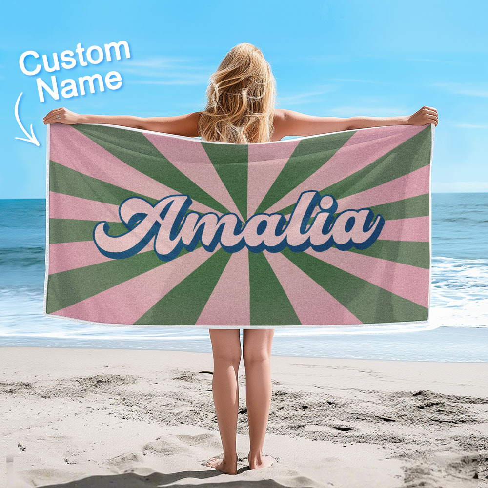 Custom Beach Towel with Name Burst Style Stripe Pattern Outside Vacation Gift - CustWitUK