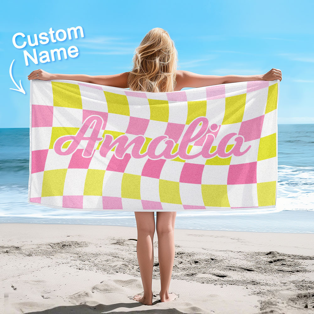 Custom Beach Towel Personalized Name Plaid Swimming Towel Summer Holiday Gift - CustWitUK
