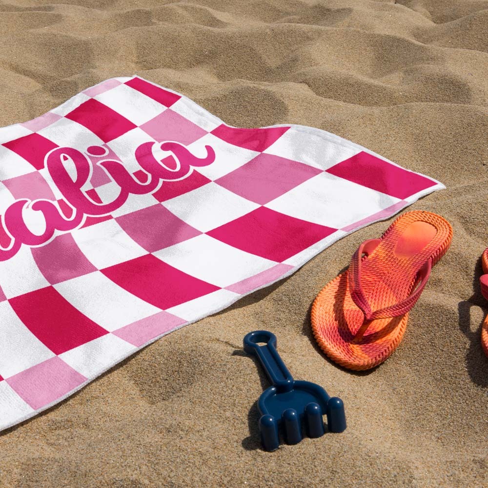 Custom Beach Towel Personalized Name Plaid Swimming Towel Summer Holiday Gift - CustWitUK