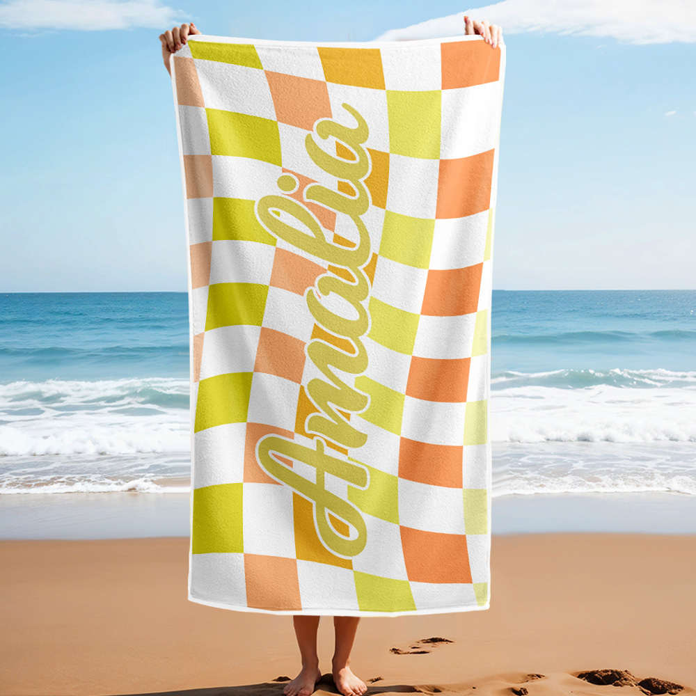 Custom Beach Towel Personalized Name Plaid Swimming Towel Summer Holiday Gift - CustWitUK