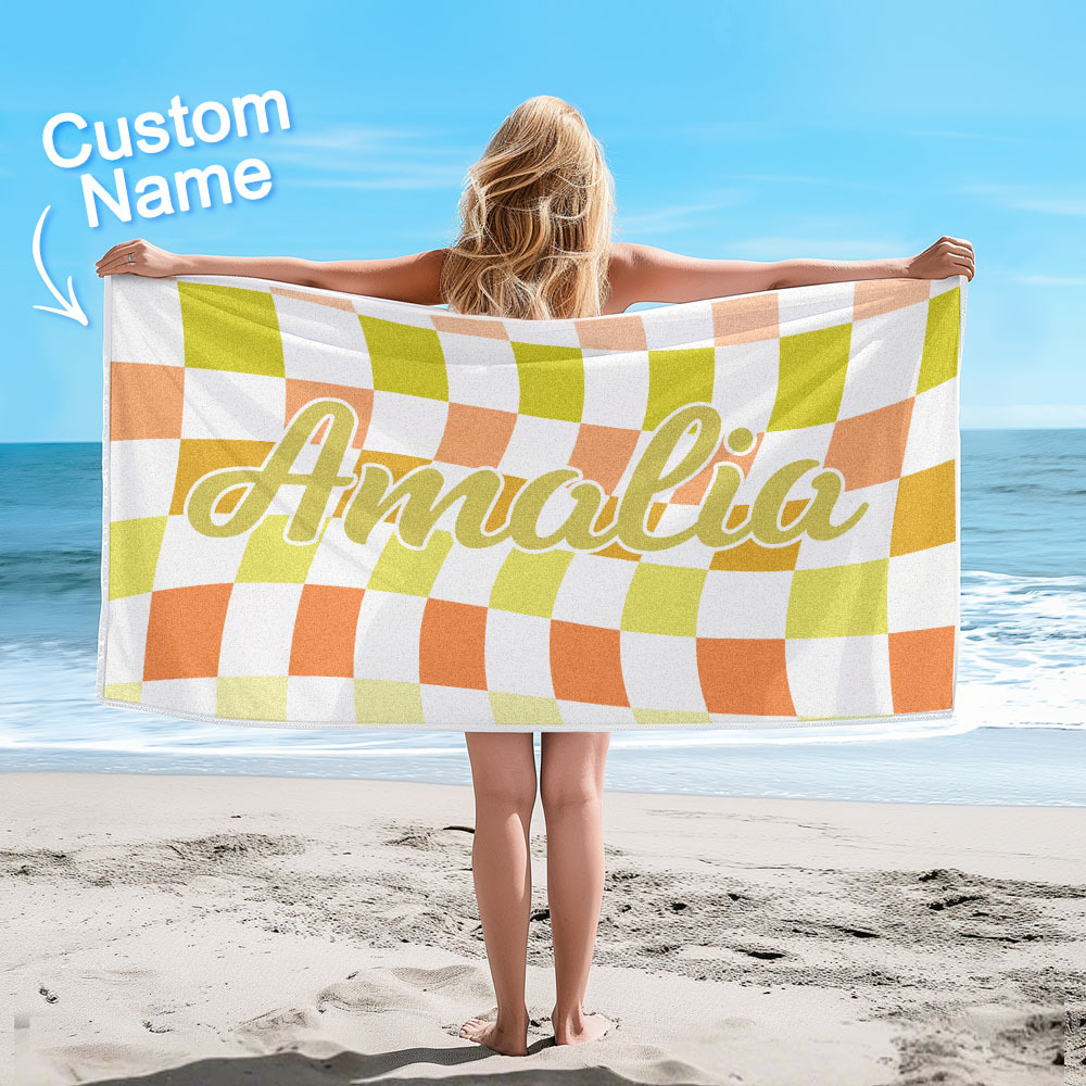 Custom Beach Towel Personalized Name Plaid Swimming Towel Summer Holiday Gift - CustWitUK