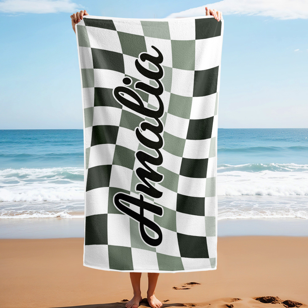 Custom Beach Towel Personalized Name Plaid Swimming Towel Summer Holiday Gift - CustWitUK
