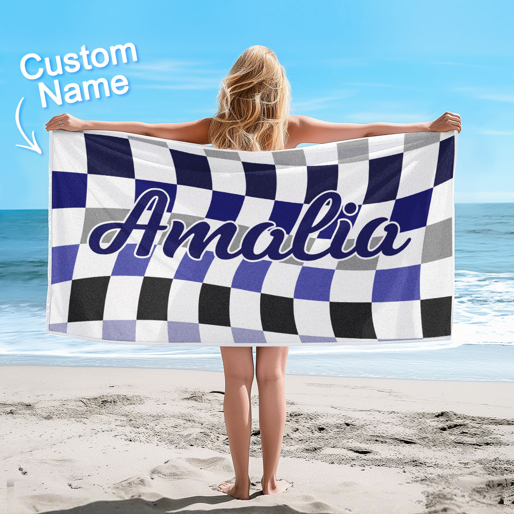 Custom Beach Towel Personalized Name Plaid Swimming Towel Summer Holiday Gift - CustWitUK