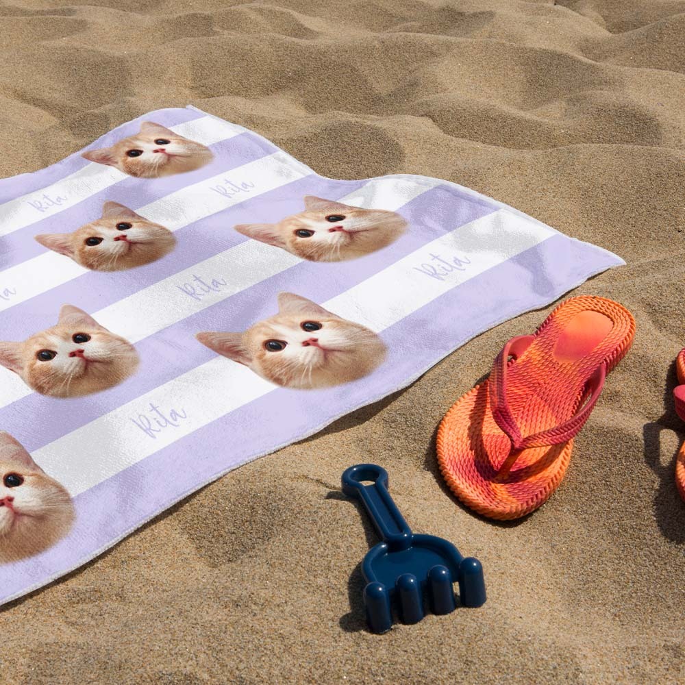 Custom Pet Photo Beach Towel Stripe Beach Towel Gift Summer Holiday - CustWitUK