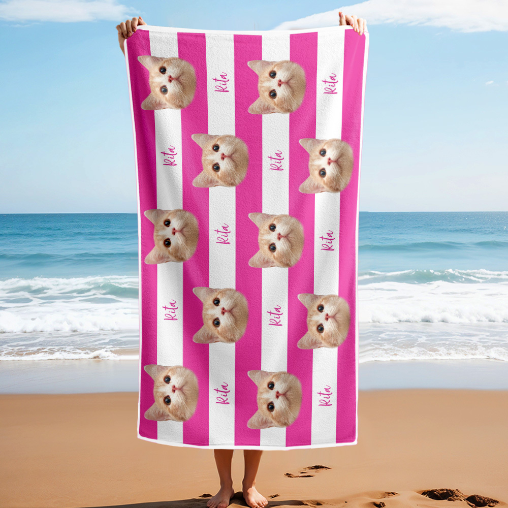 Custom Pet Photo Beach Towel Stripe Beach Towel Gift Summer Holiday - CustWitUK