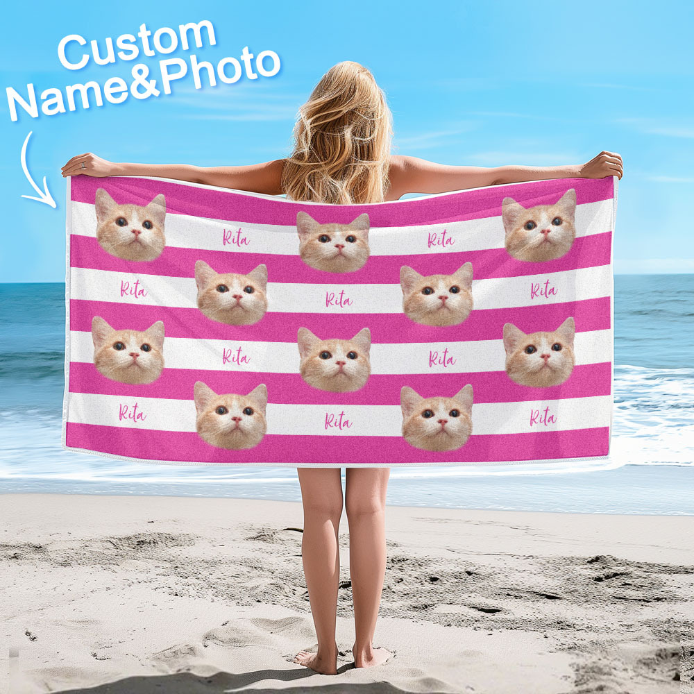 Custom Pet Photo Beach Towel Stripe Beach Towel Gift Summer Holiday - CustWitUK