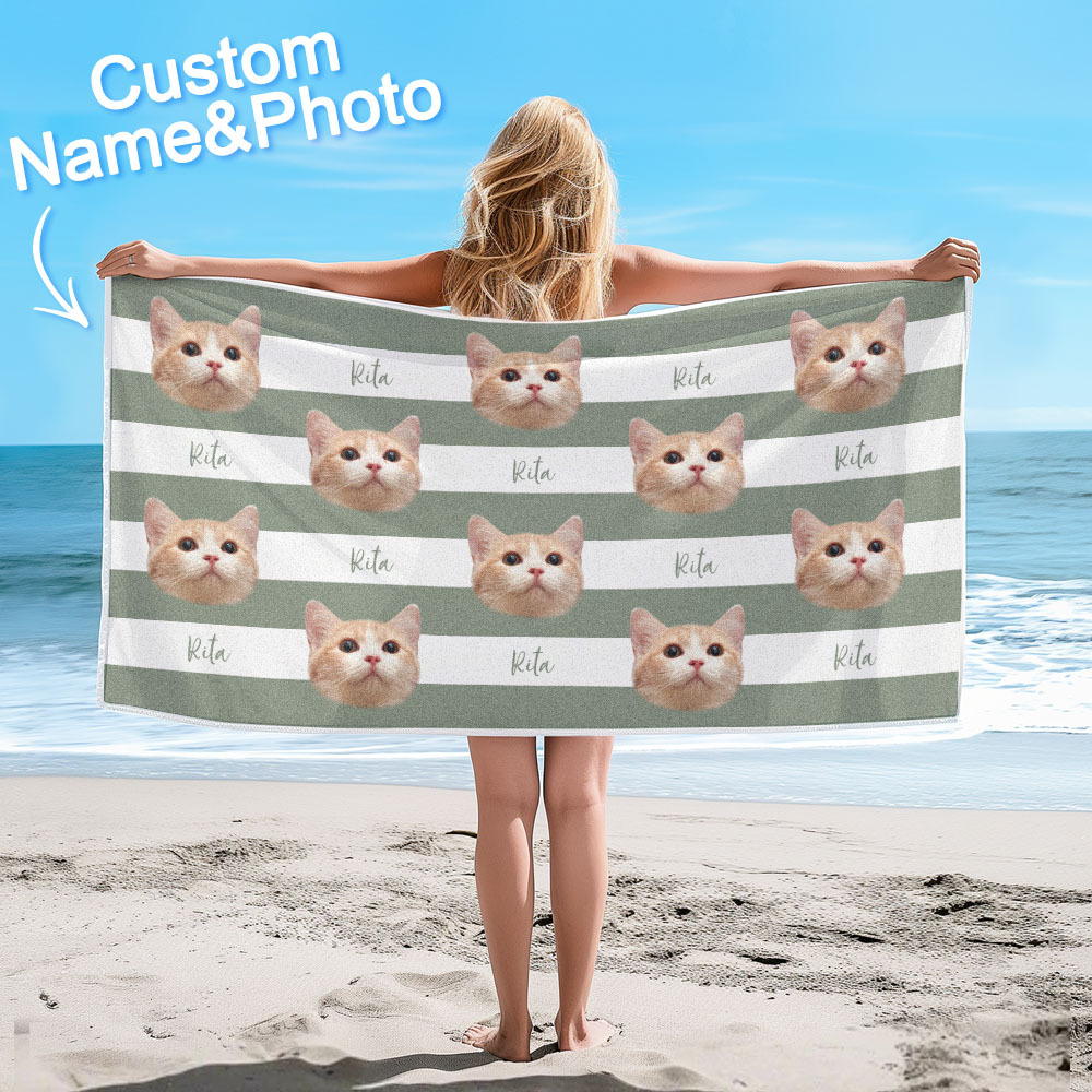 Custom Pet Photo Beach Towel Stripe Beach Towel Gift Summer Holiday - CustWitUK