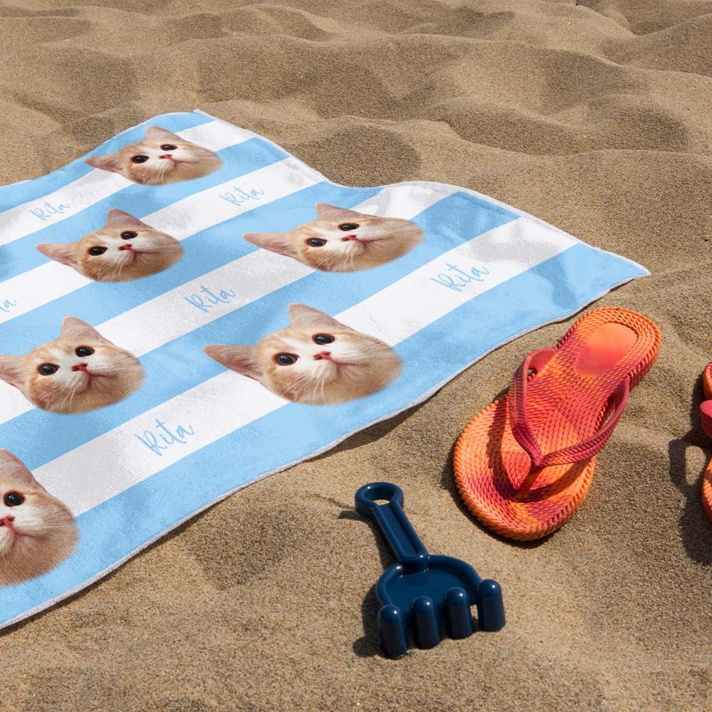 Custom Pet Photo Beach Towel Stripe Beach Towel Gift Summer Holiday - CustWitUK
