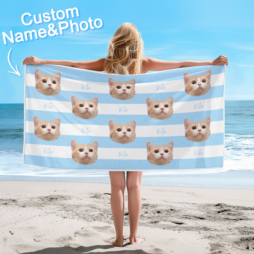 Custom Pet Photo Beach Towel Stripe Beach Towel Gift Summer Holiday - CustWitUK