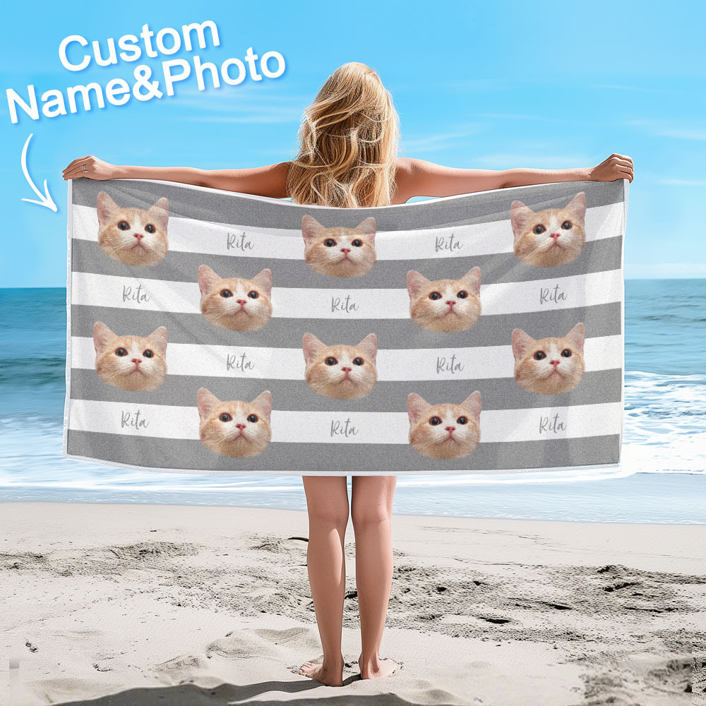 Custom Pet Photo Beach Towel Stripe Beach Towel Gift Summer Holiday - CustWitUK