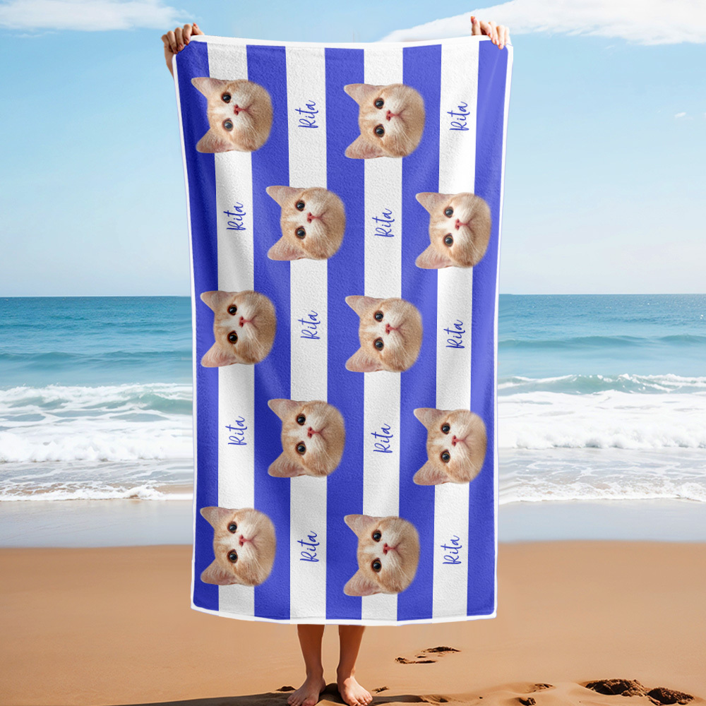 Custom Pet Photo Beach Towel Stripe Beach Towel Gift Summer Holiday - CustWitUK
