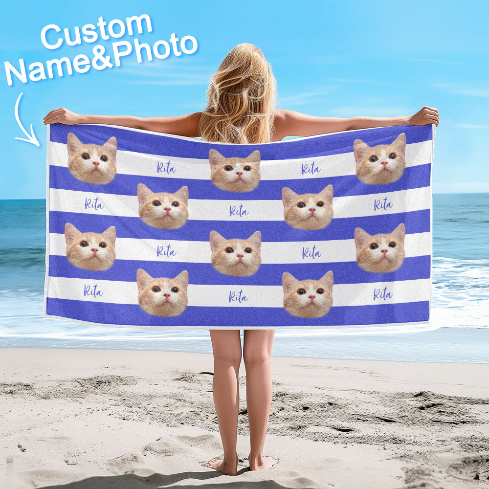 Custom Pet Photo Beach Towel Stripe Beach Towel Gift Summer Holiday - CustWitUK